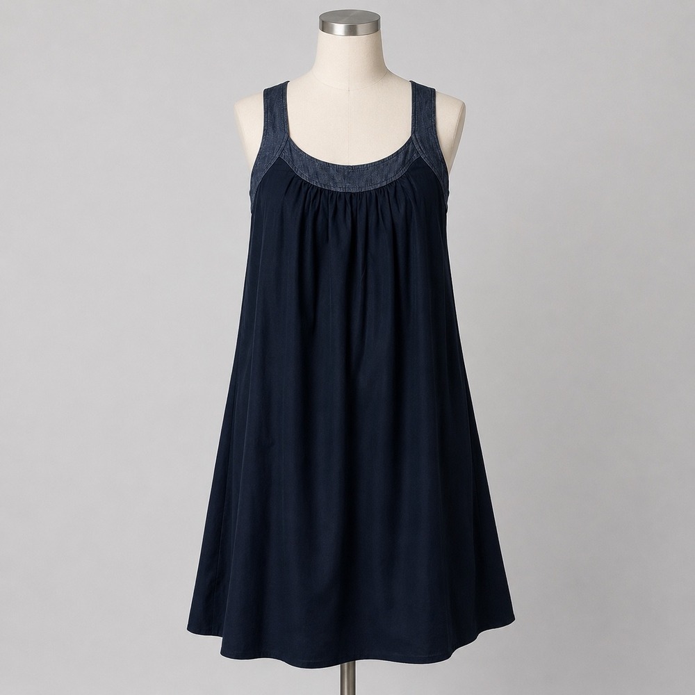 Mint Dress Women 4 Navy Blue Denim Silk‎ Blend Sleeveless Shift Midi Pockets